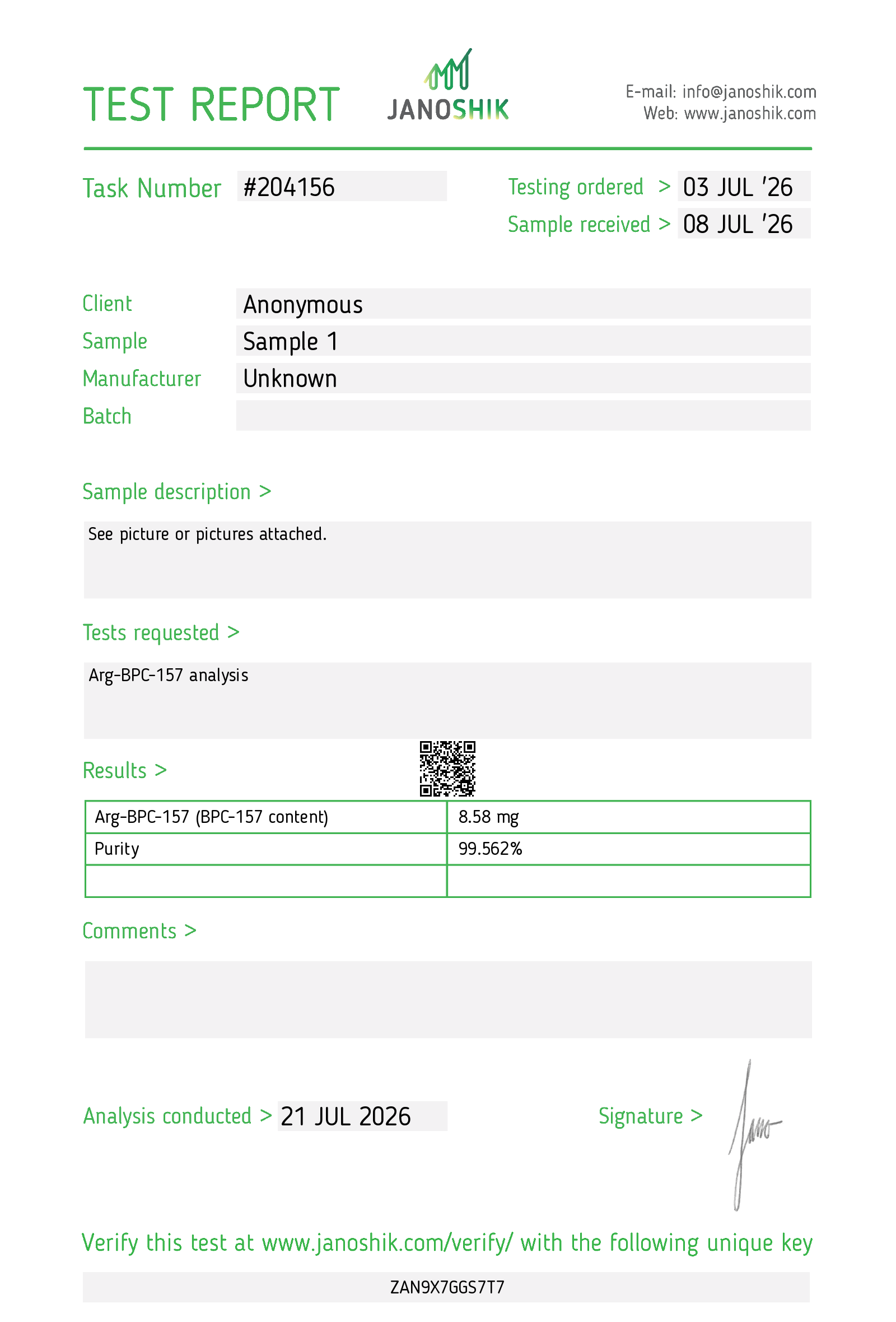Independent Janoshik Analytical test report #204156